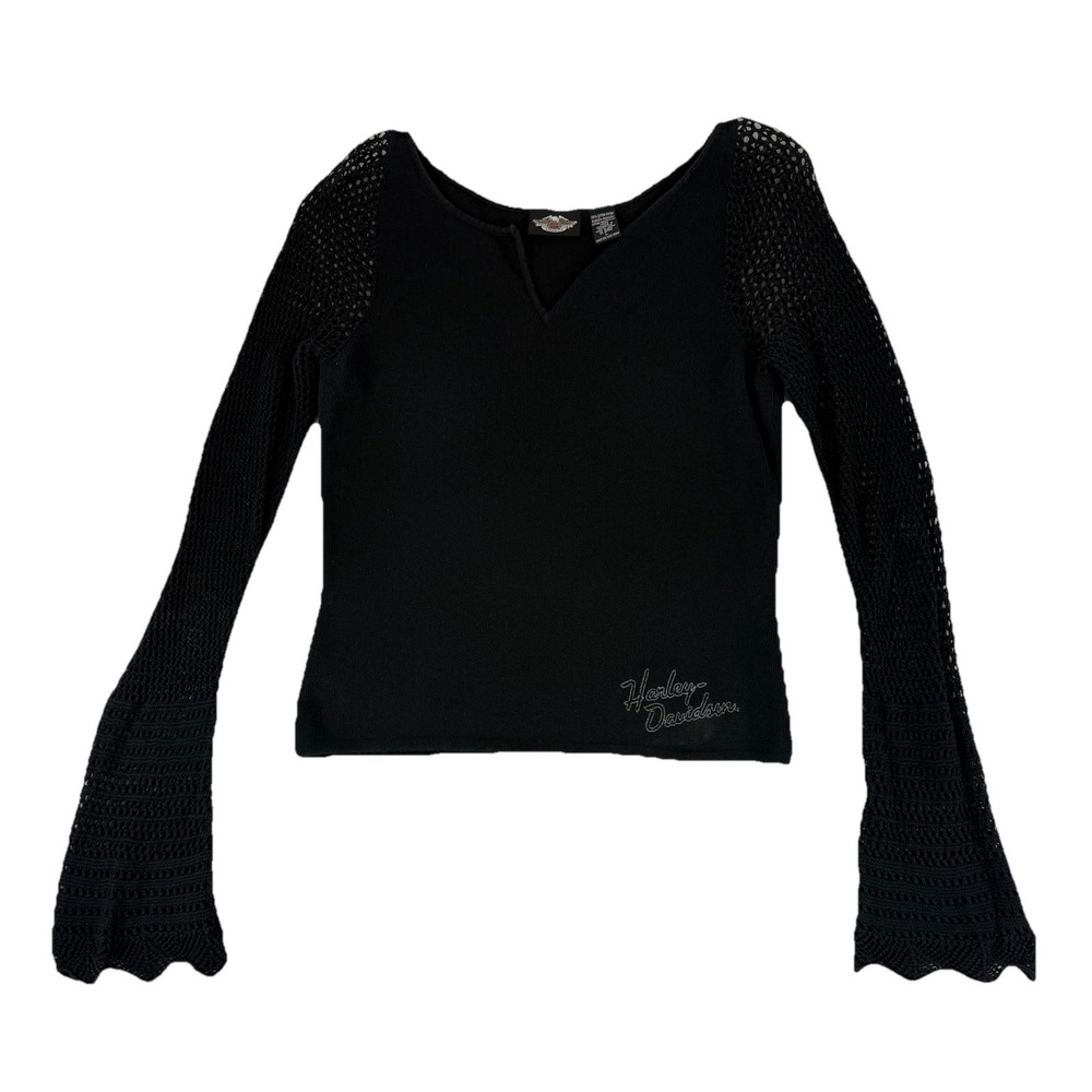 VTG Harley Davidson Long Sleeve Shirt Womens Large Black Crochet Sleeves Y2K‎